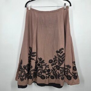 Chicos SZ 2 M Brown Black Flare Midi Swing Silk Blend Neutral Skirt Garden Fairy
